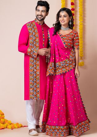 Pink Mirror Work Couple Wear Readymade Set