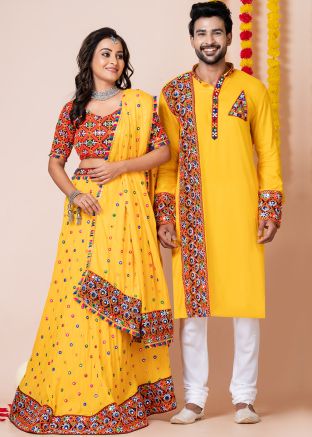Yellow Mirror Work Couple Wear Set In Rayon