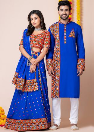 Blue Embroidered Couple Wear Set In Rayon
