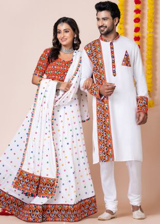 White Mirror Work Couple Wear Set In Rayon