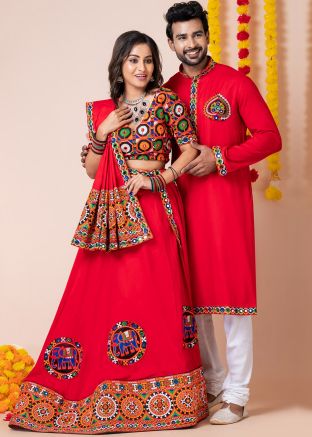 Red Embroidered Couple Wear Set In Rayon