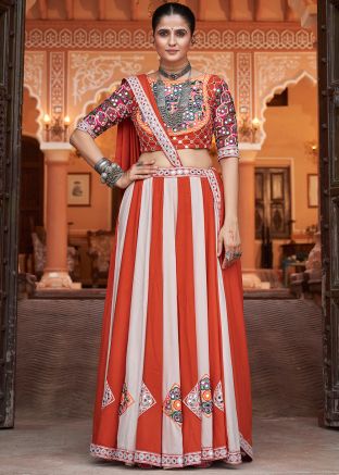Orange & Cream Navratri Lehenga Choli In Thread Work
