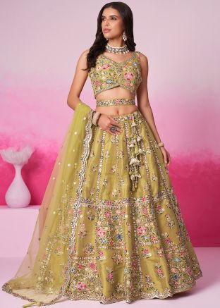 Yellow Embroidered Net Lehenga Choli