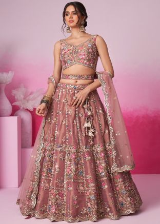 Mauve Pink Embroidered Lehenga Choli In Net