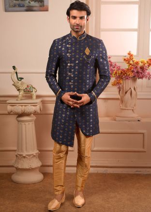 Indian Dresses USA: Navy Blue Woven Art Silk Indo Western Sherwani