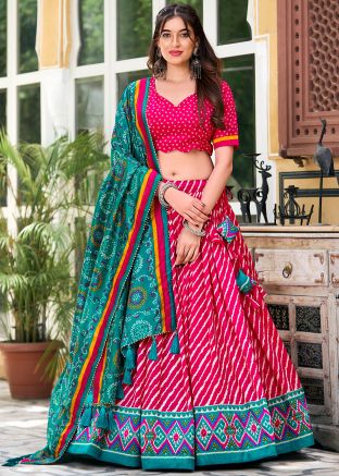 Pink Print Tussar Silk Lehenga Choli