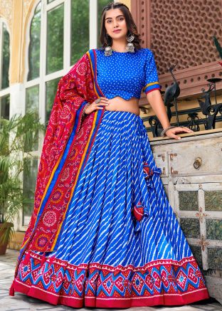Blue Tussar Silk Lehenga Choli In Print