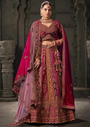 Magenta Embroidered Bridal Velvet Lehenga Choli Set