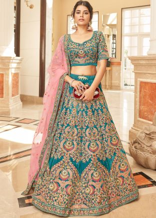 Blue Embroidered Lehenga Choli In Velvet
