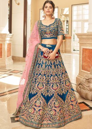 Blue Embroidered Lehenga Choli In Velvet
