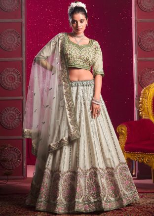 Cream Embroidered Readymade Art Silk Lehenga Choli