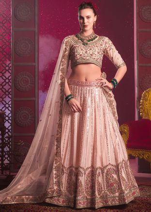 Peach Embroidered Readymade Lehenga Choli In Art silk