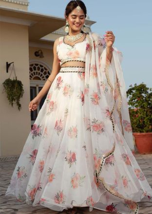 White Digital Floral Print Organza Lehenga Choli
