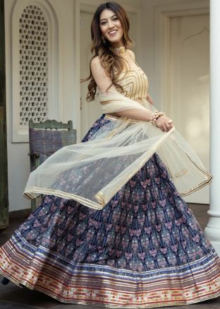 Blue Digital Print Lehenga Choli In Art Silk
