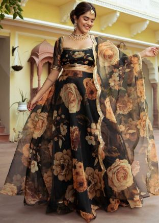 Black Digital Floral Print Organza Lehenga Choli