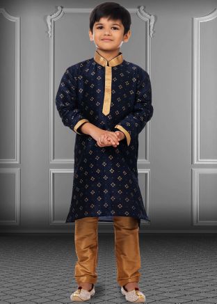 Kids Navy Blue Printed Readymade Kurta Pajama