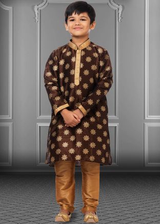 Brown Kids Floral Printed Readymade Kurta Pajama