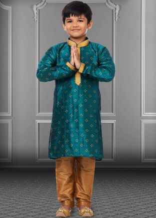 Blue Readymade Kids Printed Kurta Pajama Set