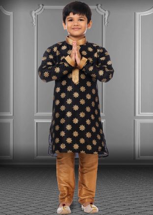 Black Floral Printed Readymade Kurta Pajama For Kids