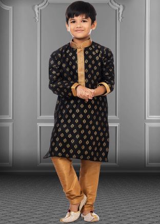 Readymade Black Floral Print Kids Kurta Pajama
