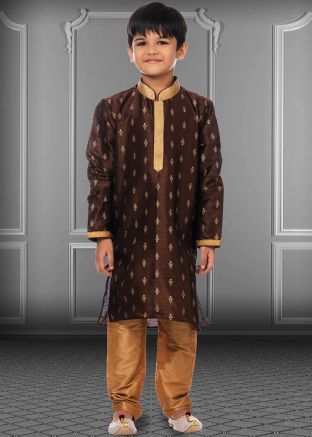 Readymade Brown Printed Kurta Pajama For Kids
