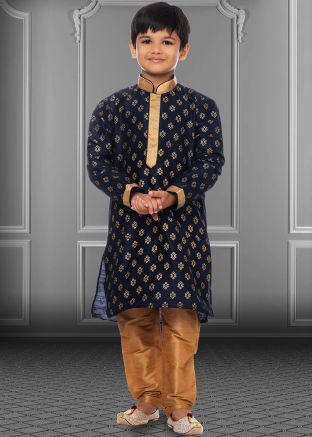 Readymade Navy Blue Floral Print Kids Kurta & Churidar