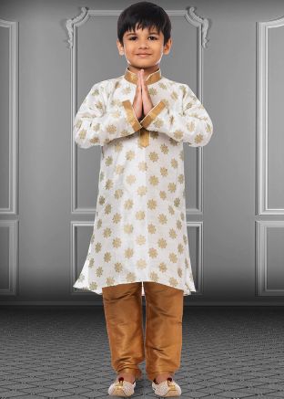White Floral Print Readymade Kurta Pajama For Kids