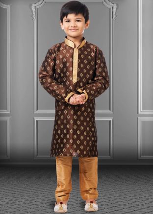 Readymade Brown Floral Print Kids Kurta Pajama