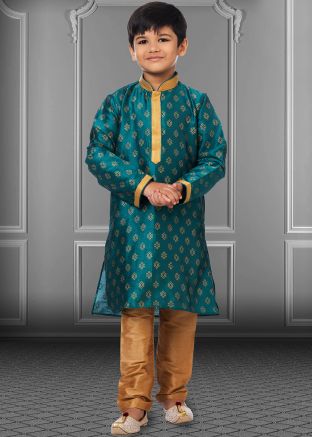 Blue Floral Print Readymade Kids Kurta Pajama