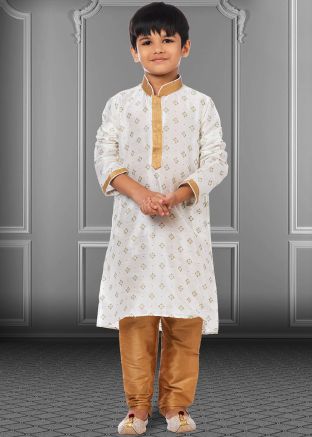 White Readymade Printed Kids Kurta Pajama