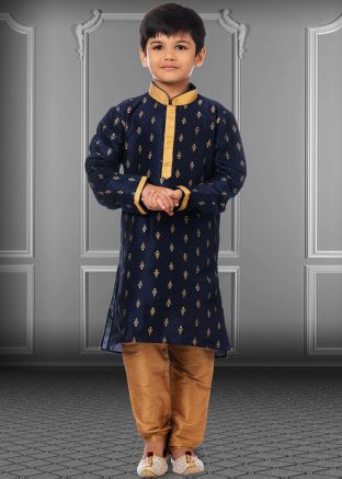 Readymade Navy Blue Printed Kurta Pajama For Kids