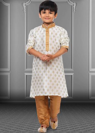 White Floral Printed Readymade Kids Kurta With Churidar