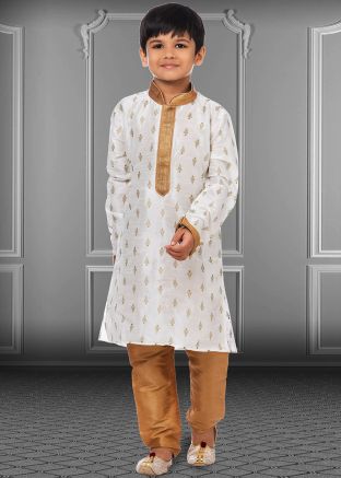 Readymade White Printed Kids Kurta & Churidar