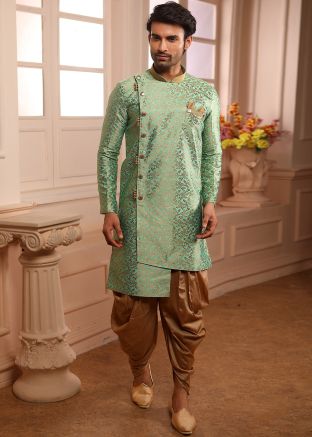 Art Silk Jacquard Asymmetric Green Indo Western Sherwani
