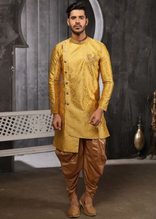 Asymmetric Art Silk Jacquard Yellow Indo Western Sherwani