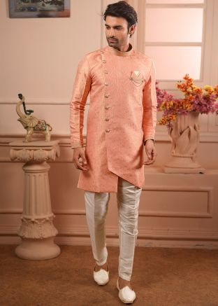 Art Silk Jacquard Peach Asymmetric Wedding Sherwani for Men Online USA