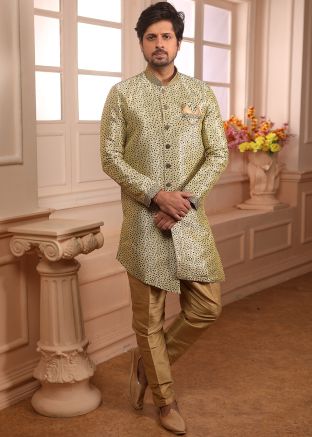 Cream Asymmetric Art Silk Jacquard Indo Western Sherwani