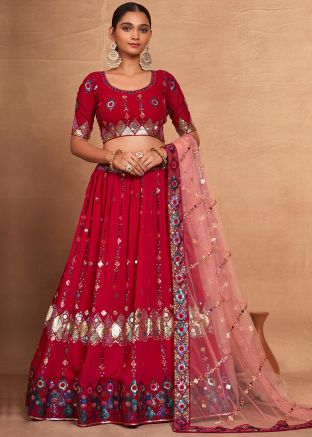 Crimson Red Embellished Georgette Lehenga Choli