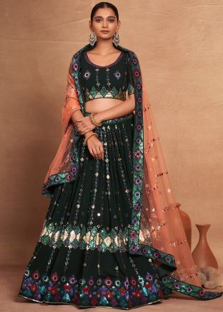 Green Embellished Lehenga Choli In Georgette