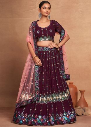Wine Georgette Lehenga Choli In Sequins Embellishment