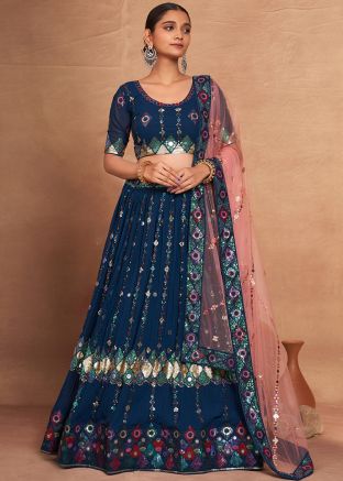 Teal Blue Embellished Georgette Lehenga Choli Set