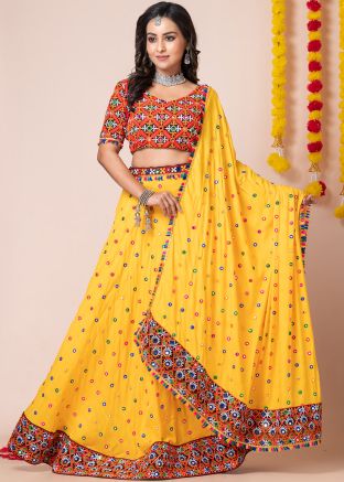 Yellow Navaratri Lehenga Choli In Rayon