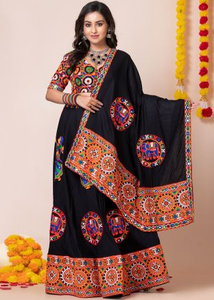 Black Embroidered Lehenga Choli In Rayon