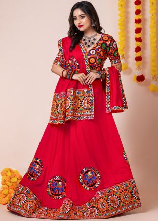 Red Navaratri Lehenga Choli In Rayon