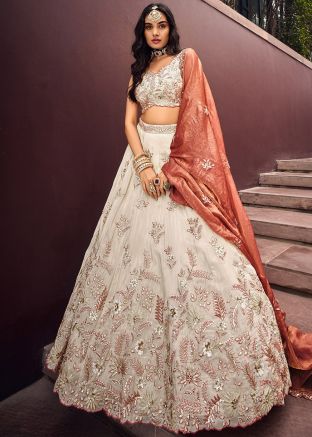 Beige Pink Embroidered Lehenga Choli Set