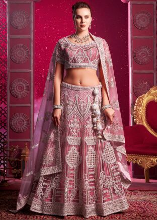 Pink Thread Embroidered Net Lehenga Choli