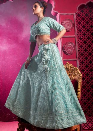 Turquoise Embroidered Lehenga Choli In Net