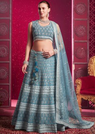 Blue Embroidered Lehenga Choli In Net
