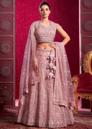 Pink Net Lehenga Choli In Thread Embroidery