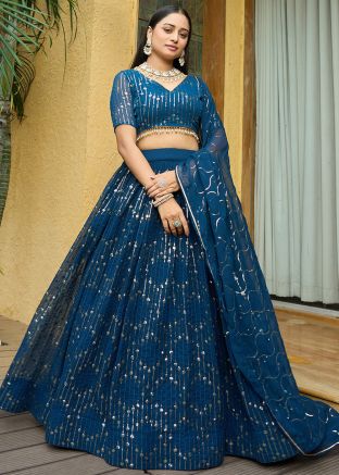 Blue Sequins Embellished Georgette Lehenga Choli